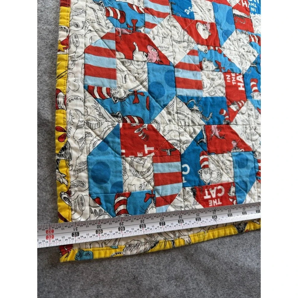 Dr. Suess Cat In The Hat Handmade Crib Tummy Time  Double Sided Churn Dash Quilt